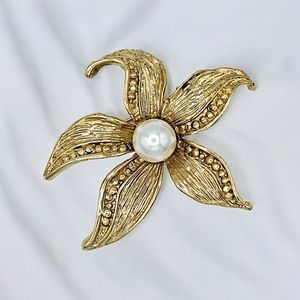 Pearl Flower Brooch Vintage Faux Spring Large Petal Gold Tone Estate Floral Pin